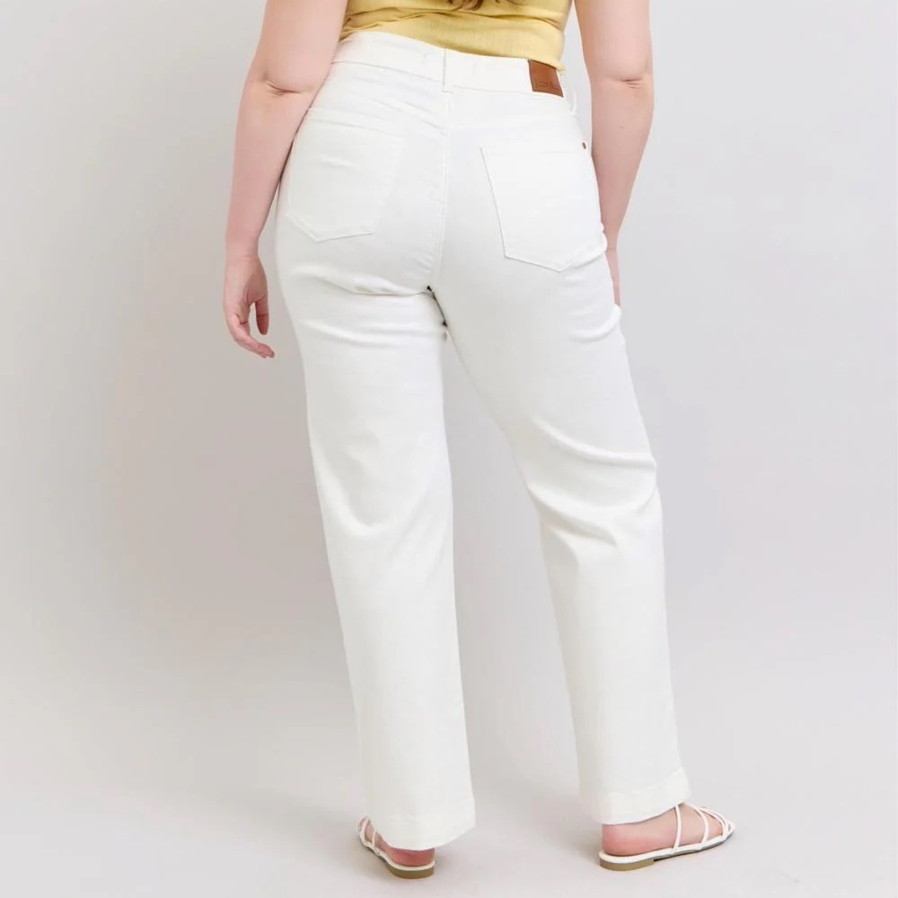 NWT Judy Blue High Waist Double Button‎ White Wide Leg Denim Jeans 14W - Picture 2 of 10